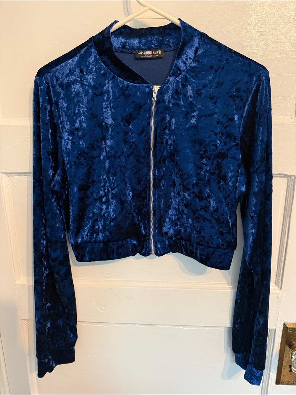 Fashion Nova Crushed Velvet Zip Cropped Bomber Jacket - Navy Blue